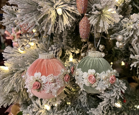 Pink Vintage Velvet Victorian-style Set of Six Christmas ornaments with White-Gold embroidery trimming.  2021
