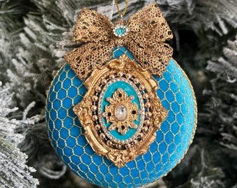 Turquoise Victorian Velvet Christmas Ornament, Antique Gold Jeweled Medallion, Handmade Vintage-Inspired Ornament