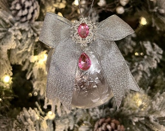 Shabby Chic Silver/Pink Christmas ornaments 3" Set of 6.