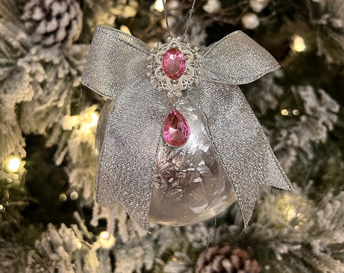 Shabby Chic Silver/Pink Christmas ornaments 3" Set of 6.