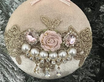 Champagne Pink Victorian Velvet Ornament with Pink Rose, Ivory Pearls and Antique Gold Lace.  Set of 3