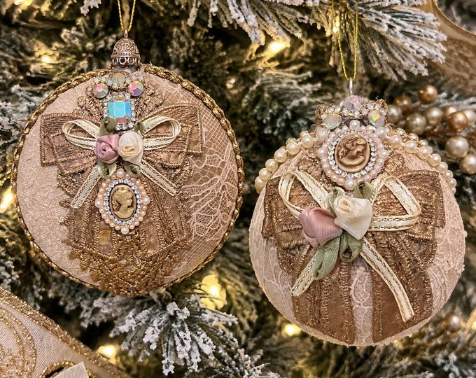 Taupe Victorian Ornament Set, Velvet Ball and Medallion with Lady Cameo, Pearls, Lace and Antique Gold Details