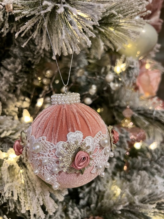 Pink Vintage Velvet Victorian-style Set of Six Christmas ornaments with White-Gold embroidery trimming.  2021