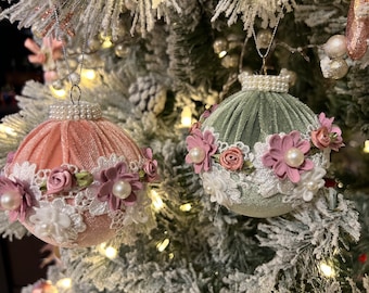 2025 Pink or Sage Vintage Velvet Victorian-style Set of Six Christmas ornaments with White-Pink embroidery trimming.