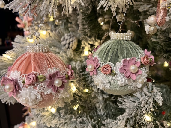 2025 Pink or Sage Vintage Velvet Victorian-style Set of Six Christmas ornaments with White-Pink embroidery trimming.