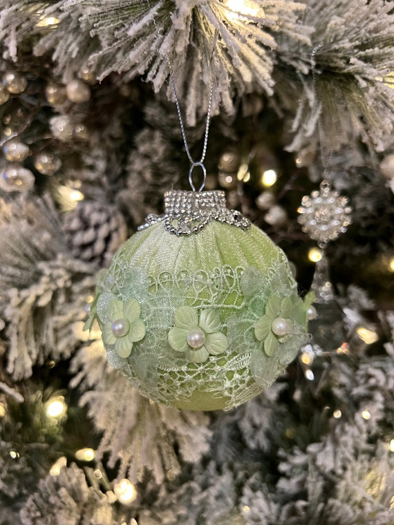 Lime Green Vintage Velvet Victorian-style Christmas ornaments with Silver trimming.