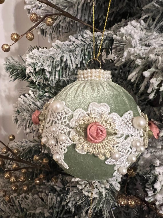 Sage Vintage Velvet Victorian-style Christmas ornaments with White-Gold embroidery trimming.