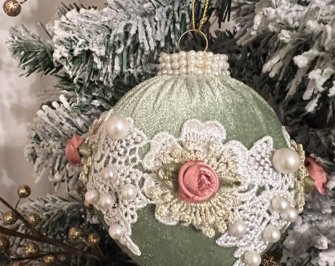 Sage Vintage Velvet Victorian-style Christmas ornaments with White-Gold embroidery trimming.