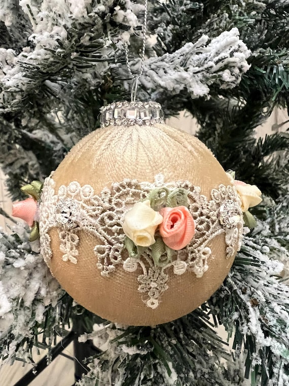 Taupe/Silver Velvet Victorian set of six Christmas ornaments - VT003
