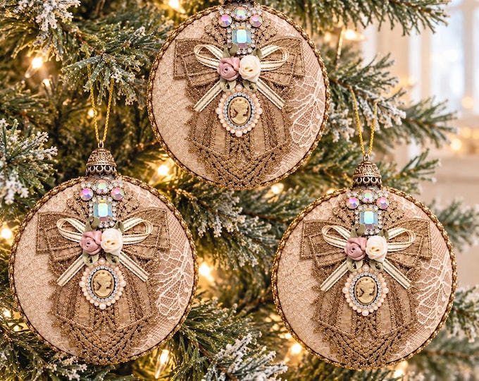 Set of 3 Taupe Victorian Medallion Ornaments with Lady Cameo, Pearls, Lace, Roses and Antique Gold Details