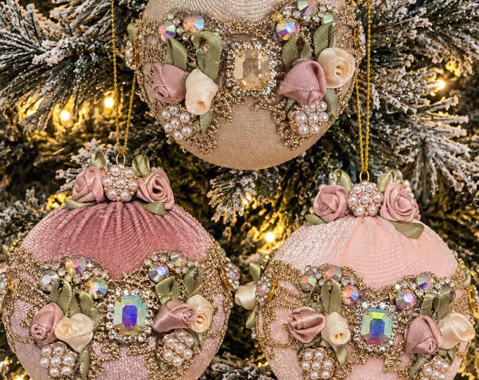 Set of 4 Handmade Velvet Victorian Ornaments with Flowers, Pearls & Rhinestones – Shadow Pink, Dusty Pink or Taupe