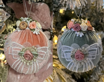 Pink or Sage Vintage Velvet Victorian-style Christmas ornaments with Bows and Flowers.