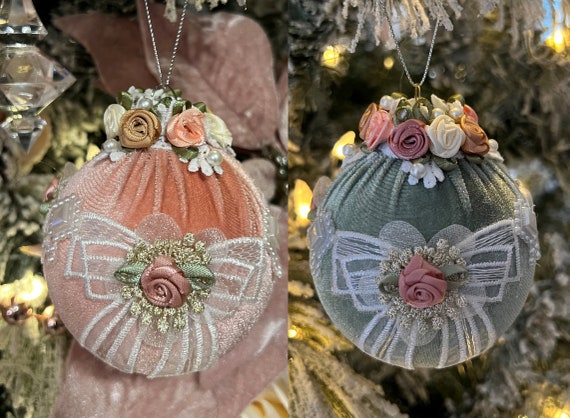 Pink or Sage Vintage Velvet Victorian-style Christmas ornaments with Bows and Flowers.