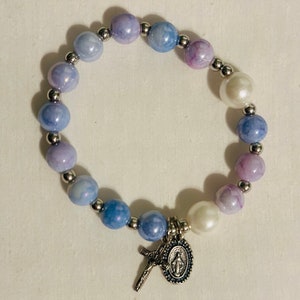 Serene Devotion: Handmade Ceramic Bead Rosary Stretch Bracelet with St. Benedict Crucifix and Miraculous Medal