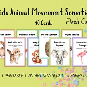 Printable kids animal movement somatic cards featuring 40 action-packed flashcards for toddlers and preschoolers.