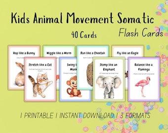 Kids Animal Movement Somatic Cards Printable, Action Flashcards for kids, Toddlers, Preschool, Animal Movement Cards, Fitness for Kids