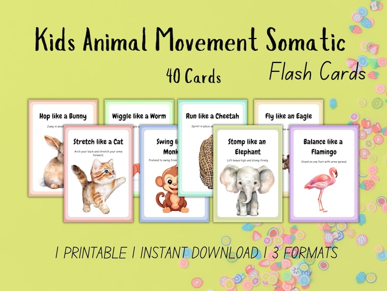 Printable kids animal movement somatic cards featuring 40 action-packed flashcards for toddlers and preschoolers.