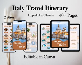 Op de afbeelding: Een digitale planner voor een reisroute door Italië. De planner is verkrijgbaar in twee formaten en heeft meer dan 40 pagina's. De planner is hyperlinked en bewerkbaar in Canva. De afbeelding toont een voorbeeld van de planner met afbeeldingen van Venetië, Italië.