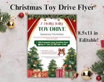 May include: A festive flyer for a Christmas Toy Drive. The design features a red and gold banner with the text "A Holly Jolly Toy Drive." It includes details for a toy drive, including the location, dates, and times. The flyer is 8.5x11 inches and editable.