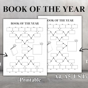 May include: Printable book of the year tracker with dotted and non-dotted options. The tracker is a tree-like chart with spaces to write in the name of a book for each month of the year. The tracker is available in A4, A5, and US Letter sizes.