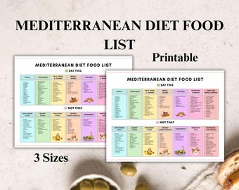 Lista de Alimentos da Dieta Mediterrânea para Imprimir | Guia de Alimentos Integrais Saudáveis | Lista de Verificação de Alimentação Saudável em PDF | Planejador de Dieta para Iniciantes