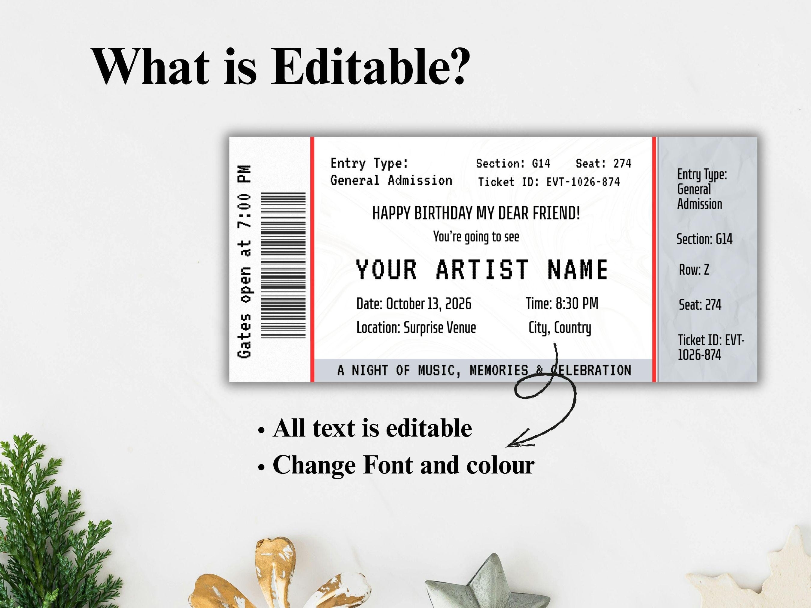 Custom Pass Tickets Editable Concert Ticket Template | Surprise Event Ticket | Birthday ...