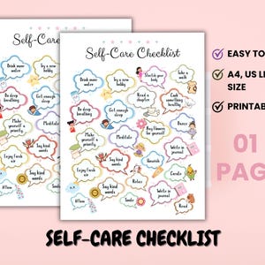 May include: Two printable self-care checklists with colorful illustrations and text bubbles featuring self-care activities. The checklists are A4 and US Letter size and include the text "Self-Care Checklist". The image also includes the text "Easy to Use" and "Printable".
