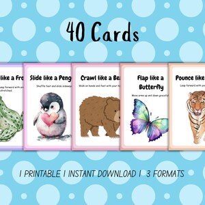 Animal movement cards designed to encourage active play and fitness for kids, available in three printable sizes.