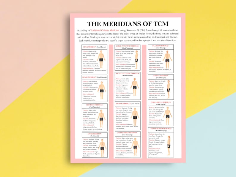 Printable meridians chart for acupuncture and wellness