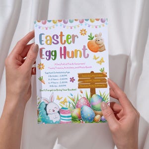 Modello di volantino modificabile per la caccia alle uova di Pasqua, raccolta fondi per la comunità della chiesa, invito per la caccia alle uova di Pasqua "Happy Rabbit", volantino di Pasqua stampabile, Canva