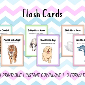 Printable somatic cards for kids with animal movement actions to promote creativity, coordination, and fitness.