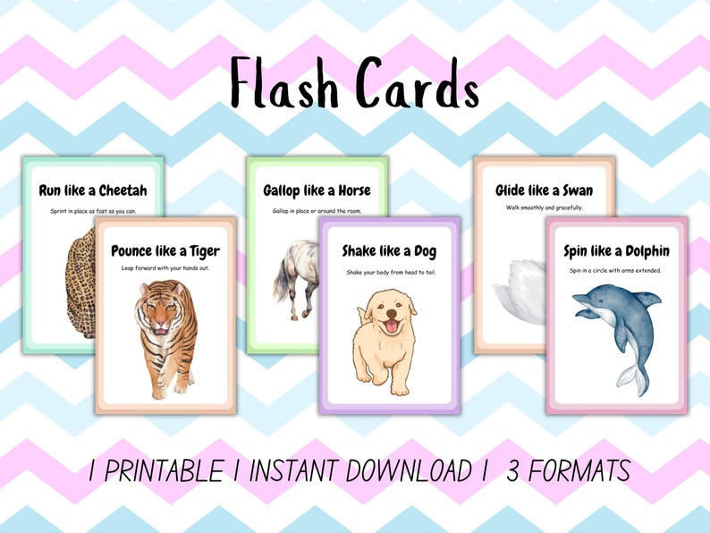 Printable somatic cards for kids with animal movement actions to promote creativity, coordination, and fitness.
