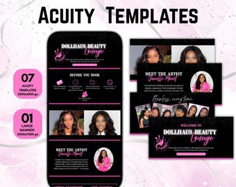 May include: A digital marketing template set for a beauty lounge, featuring a black and pink design. The templates include a banner and several Acuity templates, with the text "ACUITY TEMPLATES" and "DOLLHAUS BEAUTY Lounge". The image also includes the text "MEET THE ARTIST Janelle Monet".