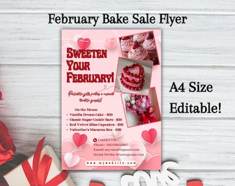 Februar Bake Sale Flyer Bearbeitbar, Valentinstag Bake Sale Flyer Vorlage, Flyer für süße Leckereien, Gebäck, Kuchenverkauf, Poster für süße Leckereien