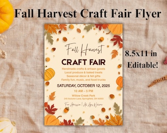 Herbst Ernte Handwerk Fair Flyer Vorlage | Poster Herbstfest Bearbeitbar Verkäufer Markt einladen | Sofortdownload | 21x28cm