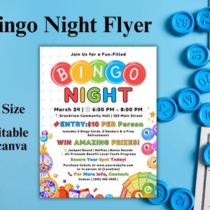 Modelo de folheto editável para noite de bingo, convite para jogo noturno, evento de arrecadação de fundos para a família da escola, convite para folheto de arrecadação de fundos para noite de bingo, folheto de jogo