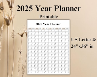May include: A printable 2025 year planner in black and white. The planner is designed for US Letter size paper and is also available in a larger 24" x 36" size.