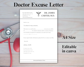 Editable Doctor Excuse Letter Template, Doctor&#39;s Note Printable, Doctor Excuse Work School, Work Absence Excuse, Student Absence Letter