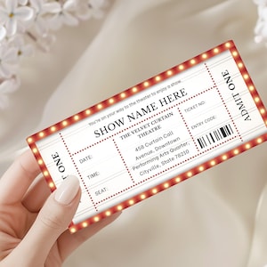 May include: A retro theatre ticket with a red border and small lights. The ticket says "SHOW NAME HERE" and "THE VELVET CURTAIN THEATRE." It has spaces for date, time, and seat, a barcode, and the words "ADMIT ONE."