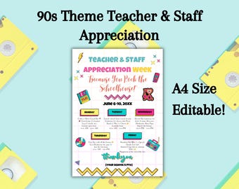 Editable Retro 90s Theme Teacher & Staff Appreciation Itinerary Flyer Template, Groovy Teacher And Staff Celebration Flyer, Teacher's Day