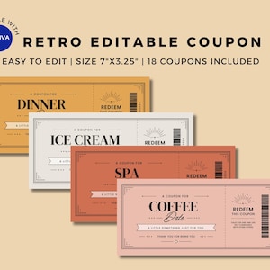 Può includere: Un set di quattro coupon rettangolari stampabili in giallo senape, bianco sporco, terracotta e rosa chiaro. Ogni coupon presenta testo nero tra cui 'DINNER', 'ICE CREAM', 'SPA' e 'COFFEE DATE', con un codice a barre e 'REDEEM'. Dimensioni 17,78 cm x 8,26 cm.