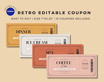 Retro Editable Coupon Book Template | Printable Birthday & Love Coupons | Last Minute Gift Idea | 18 Coupons