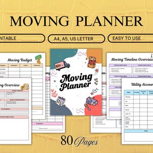 May include: A set of printable moving planners with pages for budgeting, overview, and timelines. The cover displays "Moving Planner" with illustrations of a truck, boxes, and a house. The planner is 80 pages and easy to use.