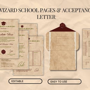 May include: A set of printed documents including a Moonstone Academy of Arcane Arts certificate, a grade report, an envelope with a dark red wax seal, and a Platform 7 3/4 train ticket, all featuring aged, parchment-style paper with torn edges.