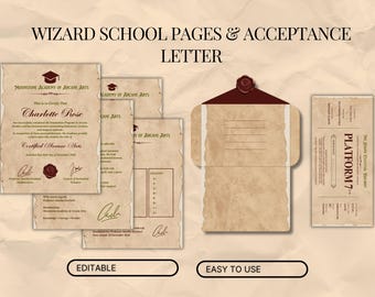 Editable Wizard School Acceptance Letter | Magical School Ticket & Envelope | Kids Christmas Gift | Canva Template