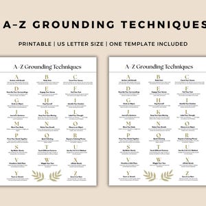 Könnte beinhalten: Zwei druckbare A-Z-Erdungstechniken-Diagramme. Die Diagramme sind weiß mit schwarzem Text und olivgrünen Akzenten. Der Text enthält das Alphabet mit Erdungstechniken, die neben jedem Buchstaben aufgeführt sind. Der obere Teil des Diagramms lautet "A-Z GROUNDING TECHNIQUES".