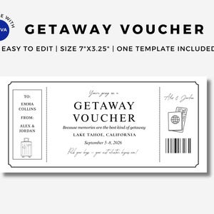 Bon upominkowy na wyjazd, edytowalny bilet z kuponem na podróż, szablon certyfikatu na wyjazd do druku, wersja cyfrowa do pobrania