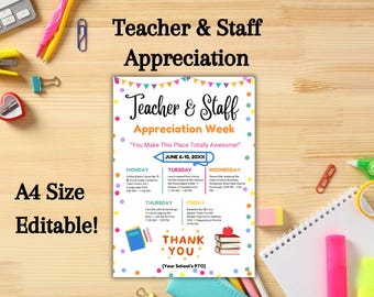 Editable Teacher Appreciation Week Itinerary, Printable Staff Celebration Flyer, Event Schedule Template, Staff Recognition Week Flyer