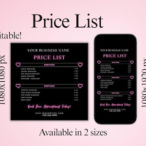 May include: A black price list design with pink text and heart accents. The price list is available in two sizes, one for print and one for mobile. The text includes services such as manicures, pedicures, and massages.