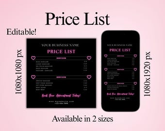 DIY Social Media Price List Template, Hair Lash Nail Price Flyer, Instagram Price List Canva Template, Editable Beauty Service Menu